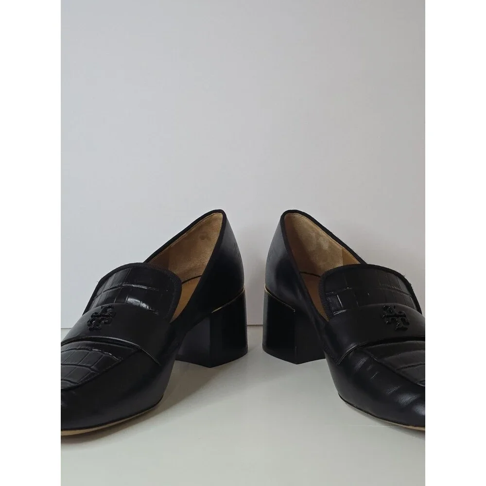 Tory Burch Everly Block Heel Loafers Womens 10 Black Leather Croc Embossed Logo